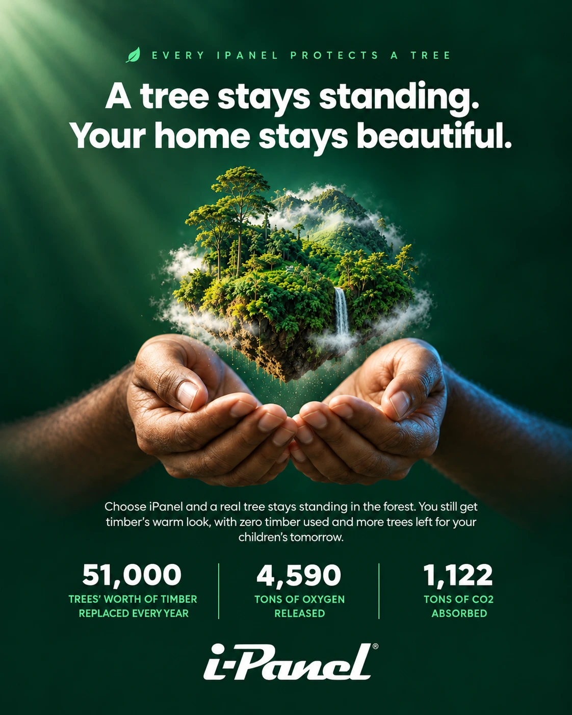 Illustrated map of Sri Lanka as a living forest island held in cupped hands: iPanel's commitment to protecting Sri Lanka's trees.