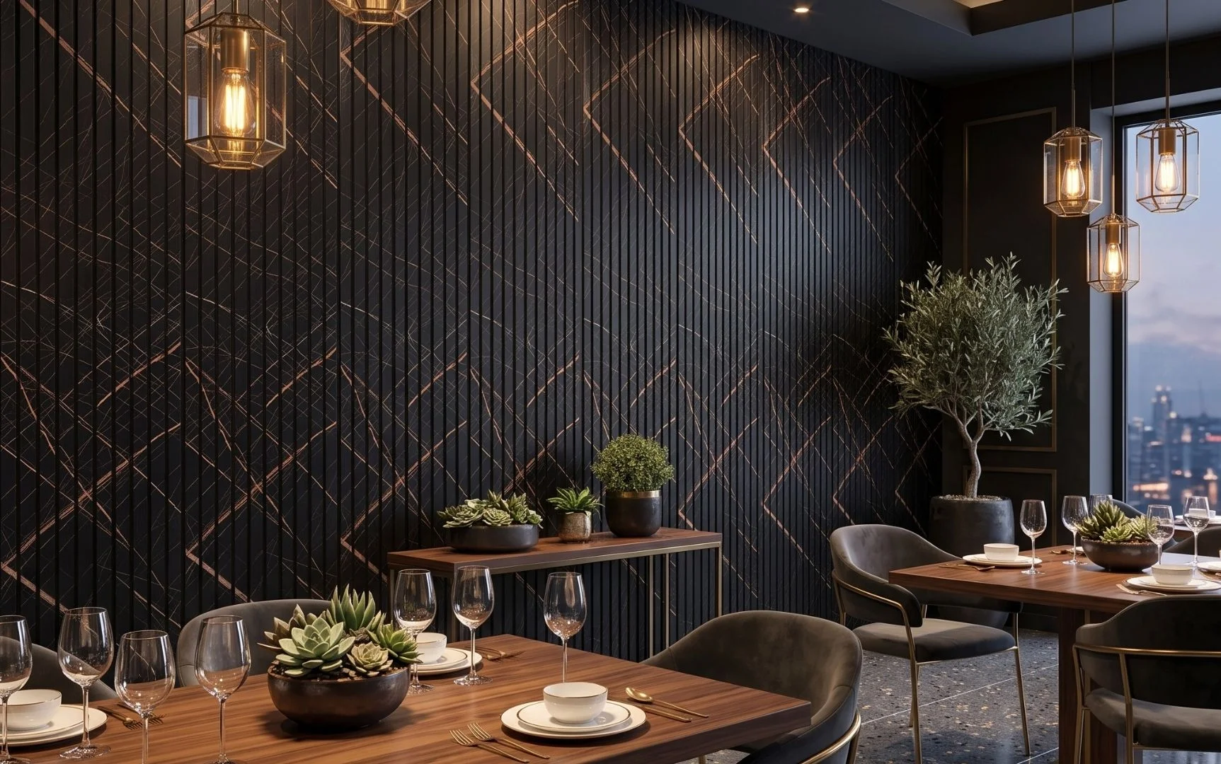 Black marble slat wall panels in a modern dining room