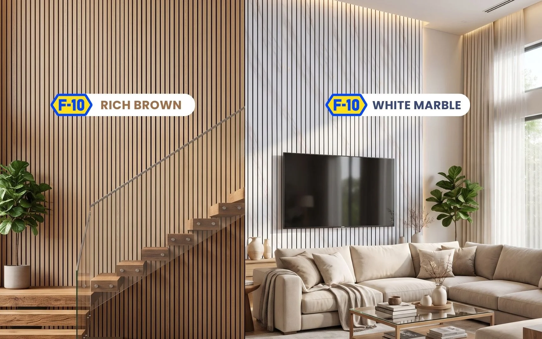 F-10 wall panel colour swatches: Jack Wood, Burma Teak, Rich Teak and Kaluwara
